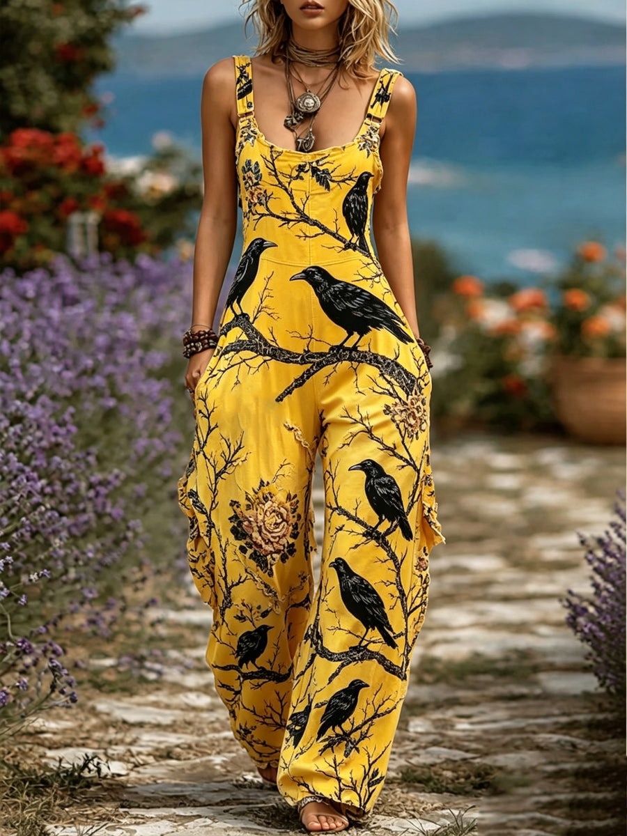 Women's Retro Style Art Print Washed Cotton Denim Patchwork Jumpsuit